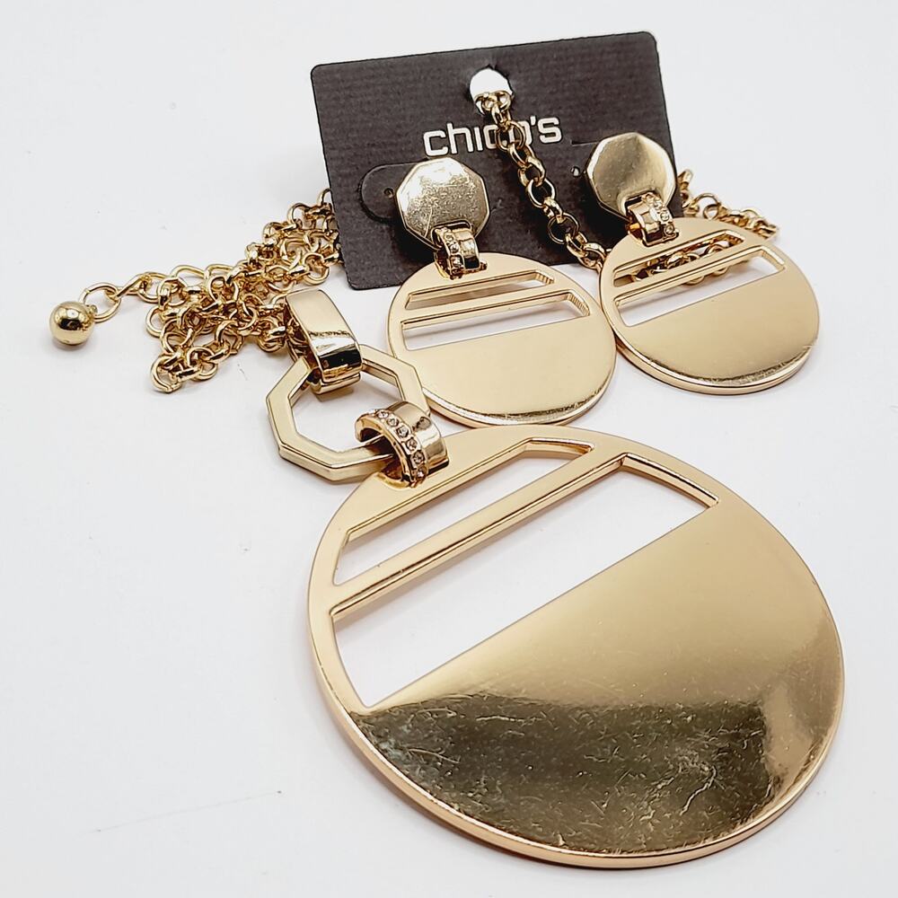 Chico’s Gold Tone Pendant Necklace Earrings Set Openwork Disc 19”